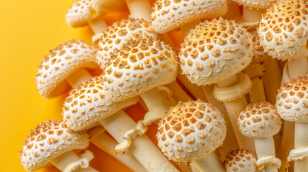 Nameko mushroom   pholiota nameko   displayed on pastel colored background for aesthetic appealの素材