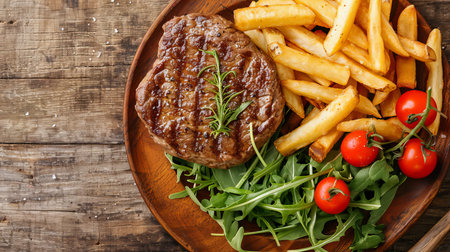 Top view of traditional steak and french fries on wooden table with space for textの素材