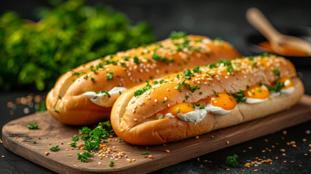 Gourmet presentation  poached egg sandwich in expertly captured food photographyの素材