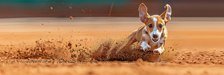 Elegant greyhound puppy showcasing swift and graceful athletic performance on the racetrackの素材