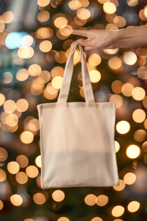Young woman with white fabric tote bag on soft focus white backdrop, ideal for text placementの素材