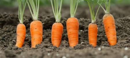 Freshly harvested vibrant carrots thriving in a greenhouse garden, pulled from the rich soilの素材