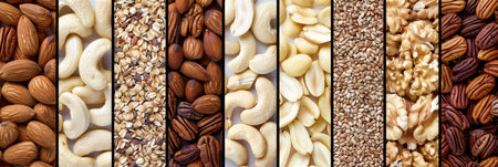 Diverse selection of nuts creating a natural background in a beautifully arranged compositionの素材