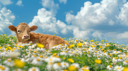 Young calf enjoying sunny day in daisy field, picturesque farm cow in natural landscapeの素材