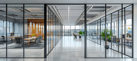 Sleek modern office interior featuring a glass partition and elegant white flooringの素材
