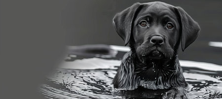Happy labrador retriever puppy joyfully splashing in water, enjoying family playtimeの素材