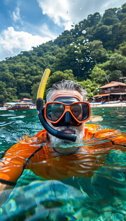 Senior individual snorkeling with a mask in crystal clear sea at a secluded tropical paradise islandの素材