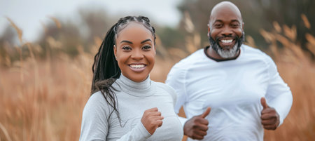 African man and woman in their prime, joyfully jogging together for health and happinessの素材