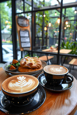 Side view of a coffee cup on table with generous space available for text placementの素材