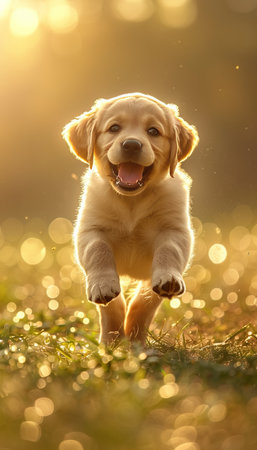 Playful young dog enjoying a sprint across lush green grass field, adorable pet in actionの素材
