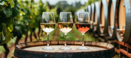 Elegant display of red, white, and rose wines on wooden barrel in picturesque vineyard sceneの素材
