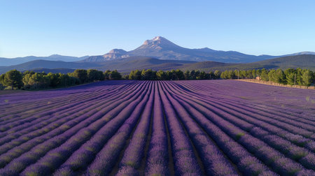 Spectacular lavender fields contrasting beautifully with the serene and cloudless blue skyの素材