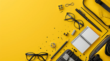 School bag essentials banner  stationery supplies for education on yellow backgroundの素材