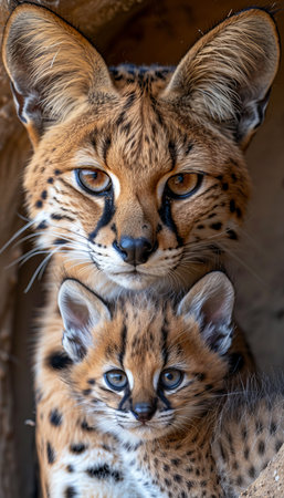 Male serval and serval kitten portrait with empty left space for text, object on right sideの素材