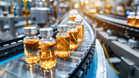 Pharmaceutical manufacturing background with glass bottles on automated conveyor belt systemの素材