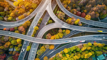 Aerial view of multilevel highway junction interchange road on expressway networkの素材
