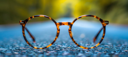 Urban street scene with glasses placed on pavement for a stylish look and modern vibeの素材