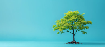 Large verdant tree with visible roots in ground, blank background for text overlayの素材