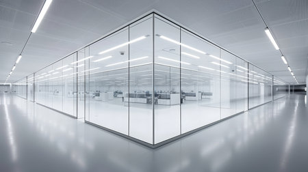 Contemporary office interior with glass partition and elegant white flooring for a modern workspaceの素材