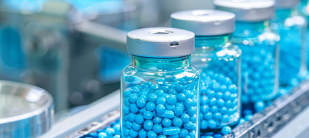 Automated pharmaceutical manufacturing line with glass bottles on conveyor in factory environmentの素材