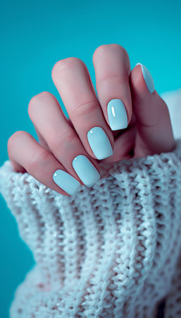 Feminine hand with stylish white nail art and glitter polish, wearing pastel sweaterの素材
