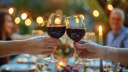 Group of friends raising glasses in a toast with red wine at a lively outdoor summer celebrationの素材