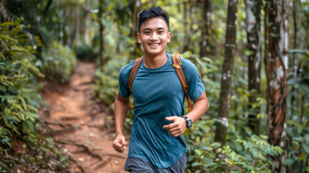 Energetic asian man enjoying running and jogging for fitness and well being in outdoor settingの素材