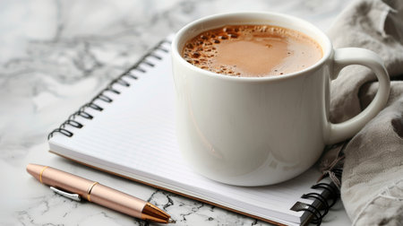 Minimalist workspace with notebook, pen, and coffee cup in creative office settingの素材