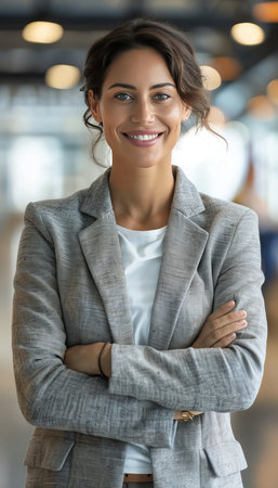 Confident professional businesswoman smiling happily in office setting with copy spaceの素材