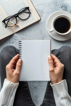 Minimalist office setup  blank notebook, pen, coffee cup on light background   top viewの素材
