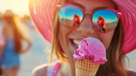 Senior woman enjoying ice cream in city park with blurred background, perfect for text placementの素材