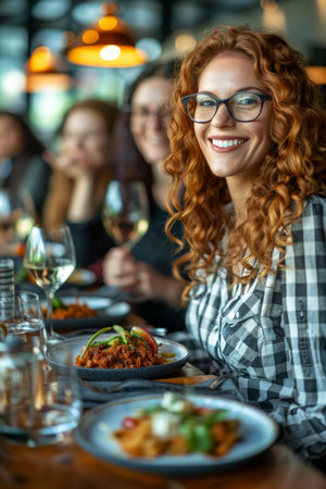 Senior friends lunching in nursing home, focus on cheerful woman, blurred background with text spaceの素材
