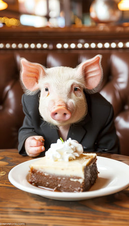 Dapper pig dressed in sophisticated business attire dining gracefully at a tableの素材