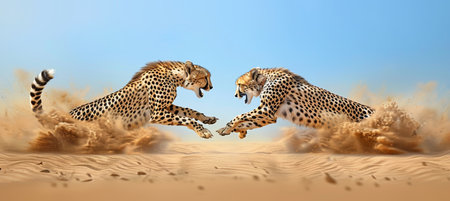 Elegant cheetahs sprinting gracefully on savannah near the lush edge of the jungleの素材