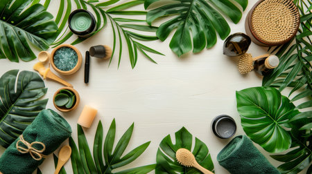 Eco friendly spa accessories displayed on white background with ample space for text placementの素材