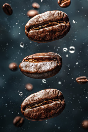 Roasted coffee beans gracefully floating in levitation on a stylish black backgroundの素材