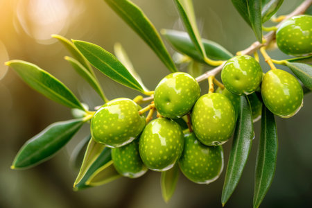 Close up of fresh spanish green olives hanging on olive tree branch on sunny dayの素材