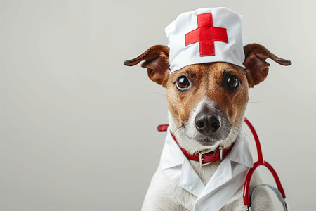 Dog in veterinary outfit on gradient backdrop, medical worker concept for animal careの素材