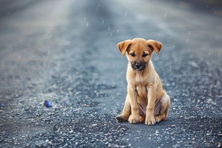 Lonely stray dog abandoned in rainy street  homeless, hungry, and lost, seeking adoptionの素材
