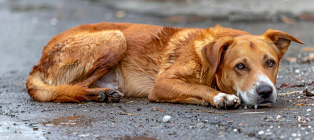 Lonely stray dog in rain  abandoned, hungry, and lost, seeking adoption in wet outdoor environmentの素材