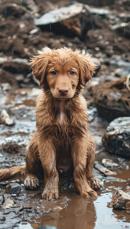 Abandoned stray dog seeks shelter in rain, hungry and lost, outdoors for adoptionの素材