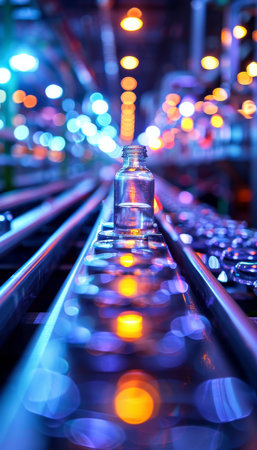Pharmaceutical manufacturing scene  glass bottles on automated conveyor belt in factoryの素材