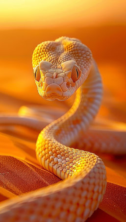 Venomous serpent strategically poised to strike in the unforgiving arid desert landscapeの素材