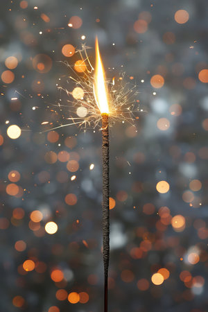 Festive new year sparkler against bokeh light background for joyful holiday atmosphereの素材