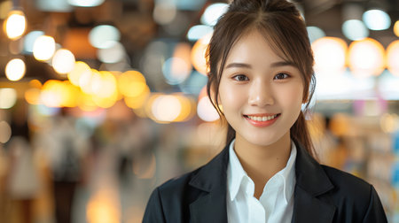Confident businesswoman smiling in professional attire with copy space on blurred backgroundの素材