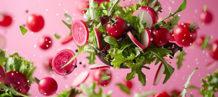 Fresh salad ingredients display  arugula, lettuce, radish, tomato on pink backgroundの素材