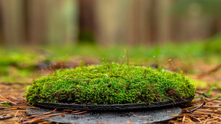 Forest green moss podium in misty woodland, natural texture against serene backdropの素材
