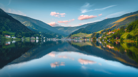 Adventure travel  pink clouds reflecting on lake surface, embracing outdoor nature vibesの素材