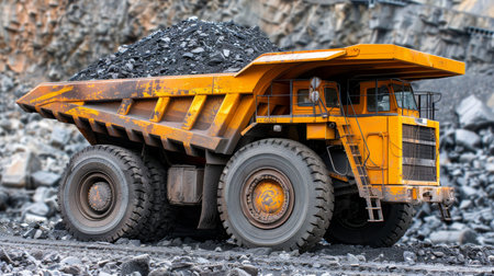 Anthracite coal mining  big yellow truck in open pit mine industry for efficient extractionの素材