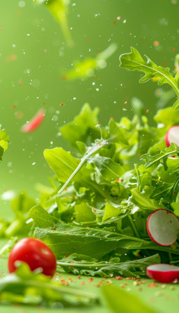 Fresh salad ingredients  arugula, lettuce, radish, and tomato on green backgroundの素材